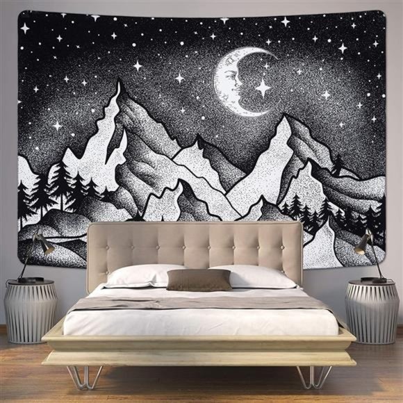 Mountain Moon Tapestry Starry Night Sky Tapestry Black and White - Picture 3 of 7